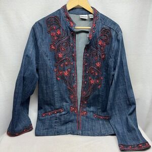 Chicos Denim Jacket Beaded Embellished Collar Cuffs Pockets Womens Size‎ 3